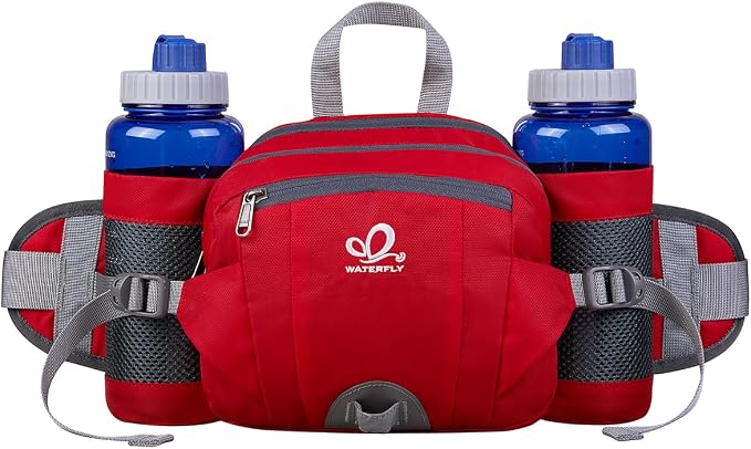 WATERFLY Fanny Pack Waist Bag: Fannie Pack 2 Water Bottle Holders Lumbar Belt Hiking Walking Running Jogging Camping Large Woman Man (Bottle Not Included)