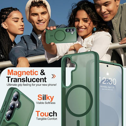 MOZOTER for Samsung Galaxy S25 Case with Magnetic,[Compatible with MagSafe][15Ft Military Dropproof][2*Screen Protector] Translucent Matte Anti-Slip Back Slim Shockproof Case for S25,6.2"(Green)