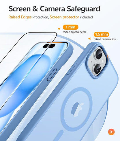 FNTCASE for iPhone 15 Case: for iPhone 14 & iPhone 13 Case [with Screen Protector] Magnetic Translucent Matte | Military Grade Drop Protection | Shockproof Phone Cover Protective Cases - Light Blue