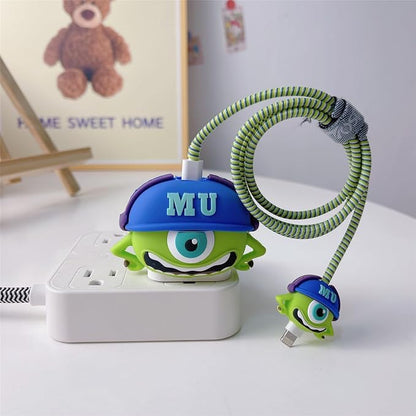 3D Cute Cartoon Charger Protector Case - Compatible for Apple 20W USB-C Power Adapter and Lightning Cable (Green 01)