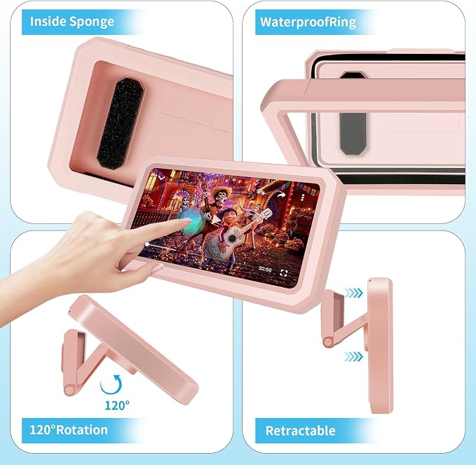Shower Phone Holder Waterproof, 480° Rotatable Retractable Adjustable Anti-Fog High Sensitivity Touch Screen Bathroom Shower Phone Case, Bathroom Wall Phone Mount for 4-7" Cellphones (Pink)