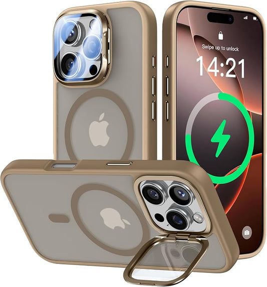 [Upgraded] for iPhone 16 Pro Max Case with Camera Cover Stand [Fit for MagSafe][9H Camera Lens Protector] Mil-Grade Protection Translucent Magnetic iPhone 16 Pro Max Phone Case, Rose Gold