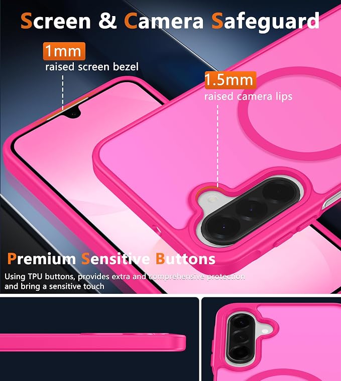 FNTCASE for Galaxy A26 5G Phone Case: Magnetic Matte Translucent Military Grade Drop Protection Cell Phone Cover - Slim Rugged Durable Shockproof Protective for Samsung A26 Cases - Hot Pink