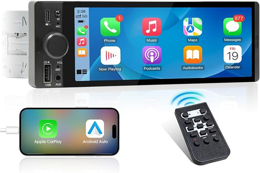 Single Din CarPlay Stereo Receiver: 6.5 Inch Android Auto Touchscreen - Bluetooth MirrorLink IPS Display AM FM Radio Type-C Charge USB AUX-in HD Backup Camera Input Audio Output