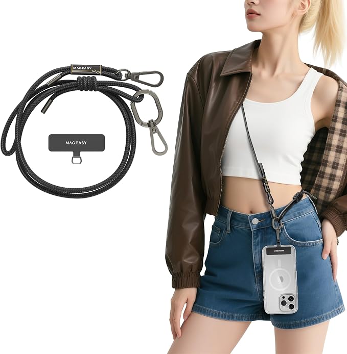 MAGEASY Universal Cell Phone Lanyard - Anti-Theft Rope Crossbody Phone Strap for iPhone 17 Pro Max & Most Smartphones, for Men & Women | 6mm Black