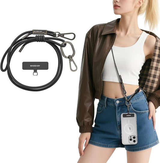 MAGEASY Universal Cell Phone Lanyard - Anti-Theft Rope Crossbody Phone Strap for iPhone 17 Pro Max & Most Smartphones, for Men & Women | 6mm Black