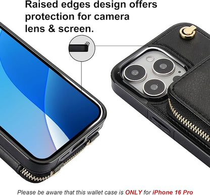 Bocasal for MagSafe Crossbody Wallet Case Compatible with iPhone 16 Pro, RFID Blocking Protective Purse Case with Card Slots Holder Kickstand Wrist Strap Lanyard Zipper 6.3 Inch 5G (Black)