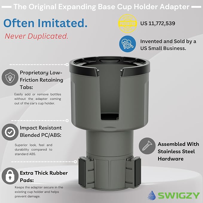Swigzy Car Cup Holder Expander Adapter for Large Water Bottles - [Patented & Upgraded] - Holds: Hydro-Flask, Yeti, Nalgene, Owala, 32-40oz - Adjustable Expandable Insert Extender - Universal (Gray)