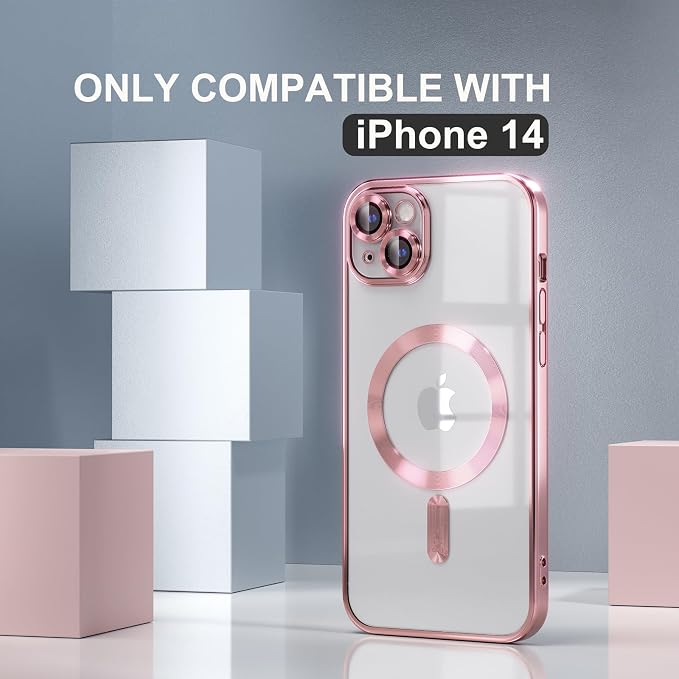 Misea Magnetic for iPhone 14 Case Compatible with MagSafe [Never Yellowing] [Military Grade Drop Protection] Full Camera Lens Protector Plating Soft Clear Phone Case for Women Girls, Pink