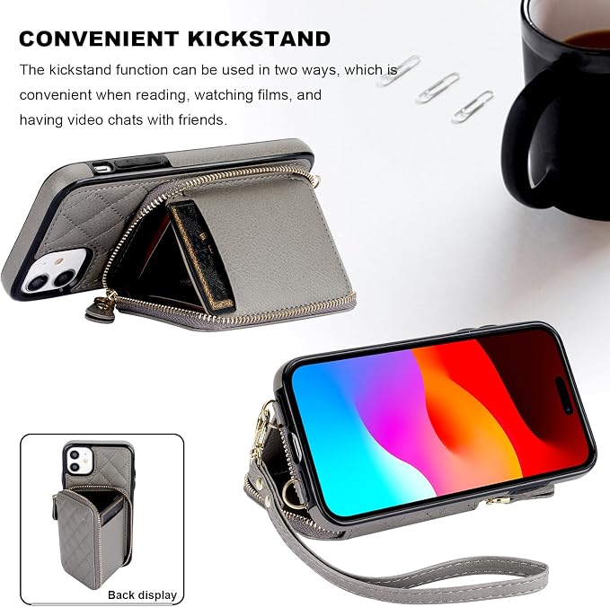 Bocasal Crossbody Wallet Case for iPhone 11, RFID Blocking PU Leather Zipper Handbag Purse Flip Cover, Kickstand Folio Case with Card Slots Holder Wrist Strap Lanyard 6.1 Inch (Grey)