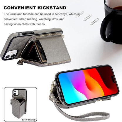 Bocasal Crossbody Wallet Case for iPhone 11, RFID Blocking PU Leather Zipper Handbag Purse Flip Cover, Kickstand Folio Case with Card Slots Holder Wrist Strap Lanyard 6.1 Inch (Grey)