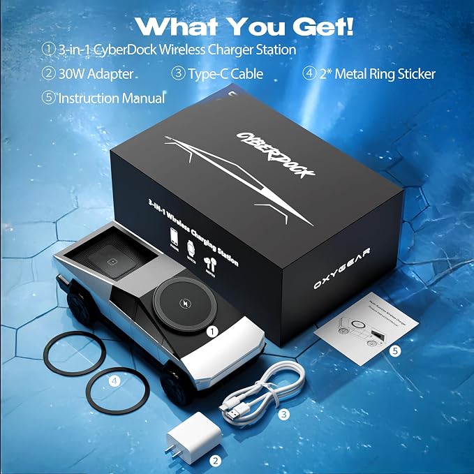 CyberDock (Latest Model) - 3-In-1 Wireless Charging Station for iPhone iWatch AirPods, Cybertruck 1:25 Scale Charger with Qi2 15W Fast Charging, Magnetic Rotation & Ambient Light, 30W Adapter (Sliver)