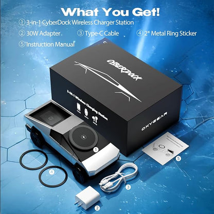 CyberDock (Latest Model) - 3-In-1 Wireless Charging Station for iPhone iWatch AirPods, Cybertruck 1:25 Scale Charger with Qi2 15W Fast Charging, Magnetic Rotation & Ambient Light, 30W Adapter (Sliver)
