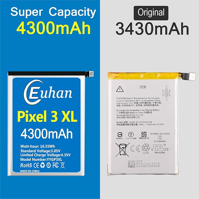 Google Pixel 3XL Battery, [Upgraded] Euhan 4300mAh Li-Polymer Replacement Battery for HTC Google Pixel 3 XL G013C with Repair Tool Kit [24 Month Service]