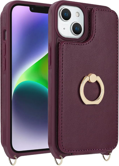 Lipvina for iPhone 14 Plus Case with Card Holder and Strap for Women,Crossbody Lanyard,RFID Blocking,Stand Ring Kickstand,Snap Clasp,Phone Wallet Cases 6.7 inch(Wine Red)