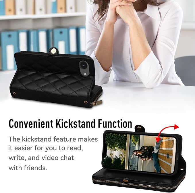 Rssviss Crossbody Case for iPhone 17e and 16e Case Wallet, RFID Blocking Leather Case with Card Holder Kickstand, Handbag Zipper Flip Cover with Wrist Strap for iPhone 17e Men Women 6.1", Black