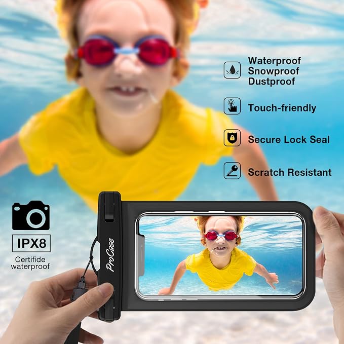 ProCase 2 Pack Waterproof Phone Pouch Case, 7" Universal Underwater Cellphone Dry Bag for iPhone 17 Air 16 15 14 13 Pro Plus Max 12 11, Galaxy S24 S23 S22 Ultra Pixel -Black