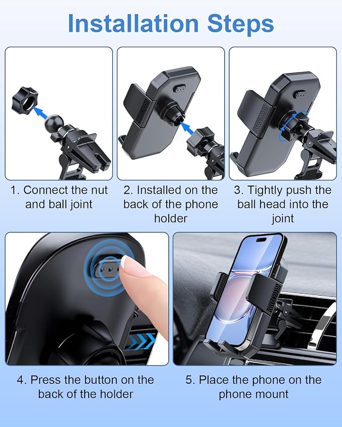 PZK Car Phone Holder Mount Super Stable Air Vent Auto Lock One Button Release Phone Holders for Your Car Mount Automobile Hands Free for iPhone