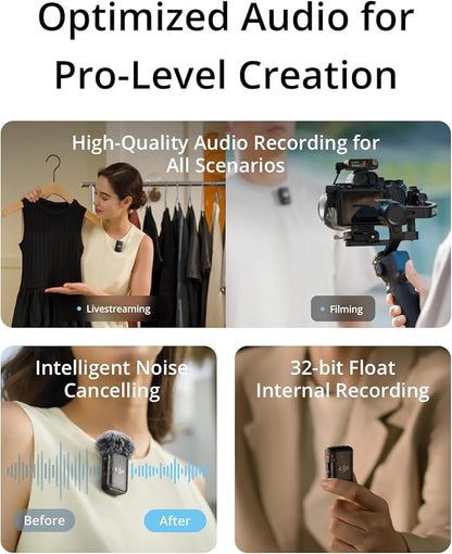 DJI Mic 2 (2 TX + 1 RX + Charging Case), Wireless Lavalier Microphone, Intelligent Noise Cancelling, 32-bit Float Internal Recording, 820 ft.(250m) Range, Microphone for iPhone, Android, Camera