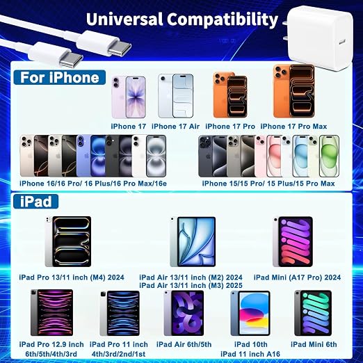 [3 Pack] Long 10FT iPhone 17 Charger 20W Fast Wall Charger Block,[Apple MFi Certified] 10Foot USB C Cable Fast Charging for iPhone 17 Pro Max/17 Pro/Air/iPhone 16 Pro/16 Plus/16E/15 Pro,iPad 2018-2025