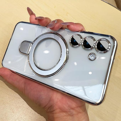 Magnetic Ring Case for Samsung Galaxy S24 Plus Case Kickstand Compatible with MagSafe Built-in Camera Lens Protector Shockproof Phone Case for Samsung S24Plus - Silver