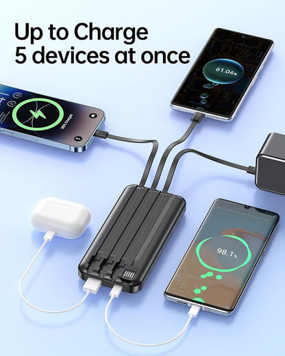 RONEGN Portable Charger Power Bank with Built in Cable 20000mAh | 22.5W USB C Fast Charging Battery Pack for iPhone Android, Slim, LED Display,5 Outputs & 3 Inputs,Travel Essentials