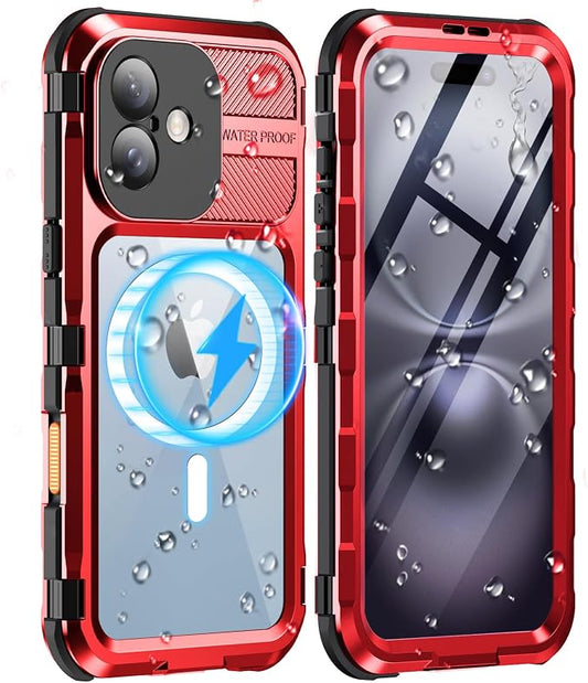 WIFORT for iPhone 16 Plus Waterproof Case - Metal Heavy Duty [Built-in Screen Protector] [14FT Military Shockproof] [Fit for MagSafe], IP68 Full Body Rugged Water Proof Magnetic Cover, 6.7" Red