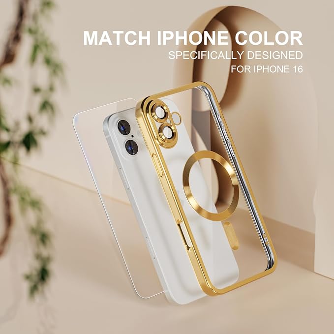 Misea Magnetic for iPhone 16 Case Compatible with MagSafe [Never Yellowing] [Military Grade Drop Protection] Full Camera Lens Protector Plating Soft Clear Phone Case for Women 6.1 inch, Gold