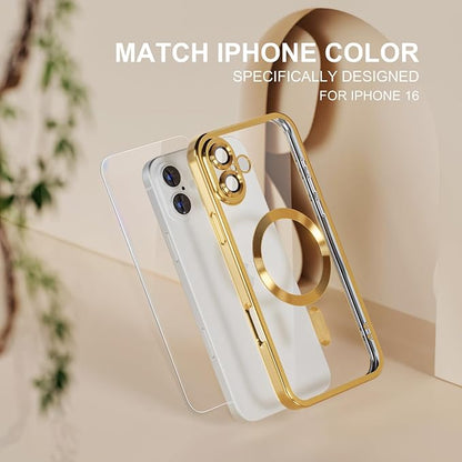 Misea Magnetic for iPhone 16 Case Compatible with MagSafe [Never Yellowing] [Military Grade Drop Protection] Full Camera Lens Protector Plating Soft Clear Phone Case for Women 6.1 inch, Gold