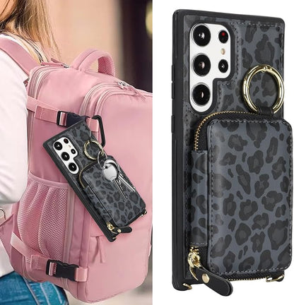 Crossbody Wallet Case for Galaxy S23 Ultra, PU Leather Zipper Handbag Purse Flip Cover, Kickstand Folio Case with Card Slots Holder Wrist Strap Lanyard -Black Leopard
