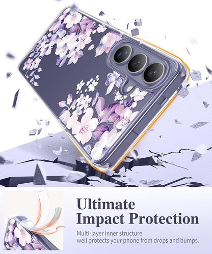 GVIEWIN for Samsung Galaxy S26 Plus Case, Clear Floral Slim Shockproof Protective Women Phone Case, Non-Yellowing, with Screen Protector&Camera Lens Protector for S26 Plus 6.7", Foliolosa/Purple