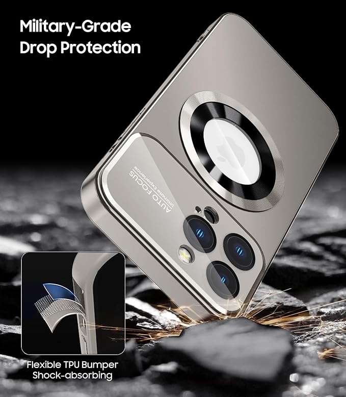 Magnetic for iPhone 15 Pro Max Case, Compatible with MagSafe, Built-in Camera Lens Protector, Logo View, Military Grade Drop Proof Phone Cover, Titanium Gray