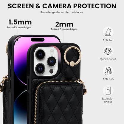 Keallce Case for iPhone 14 Pro Max 6.7'' Wallet Case, Crossbody Zipper Purse Handbag Wristlet for Women, RFID Blocking Card Holders, 360° Ring Kickstand Flip Leather Cover for iPhone 14 Pro Max, Black