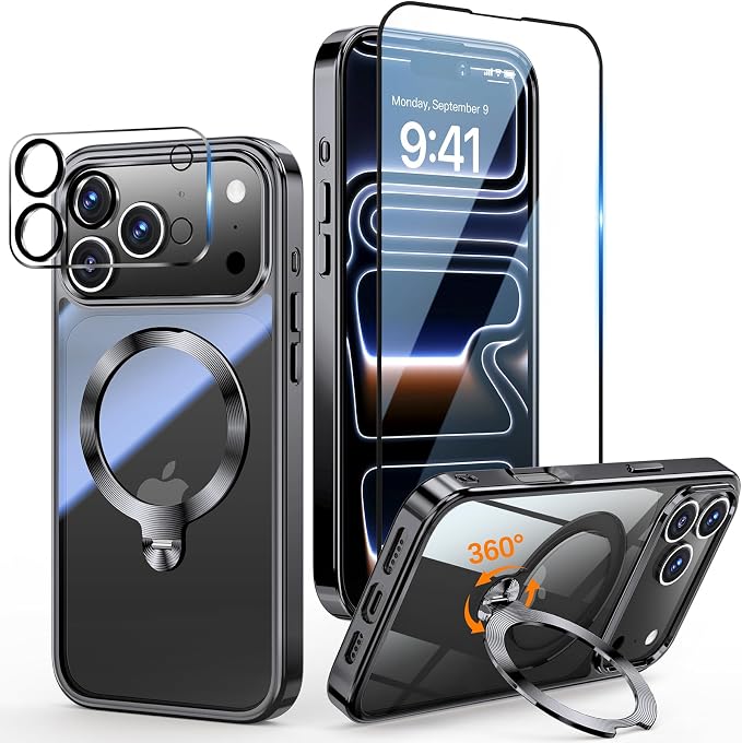 [Tri-Shield Protection] for iPhone 17 Pro Case with 360° Spin Stand Compatible with MagSafe [Magnetic CD Ring] [Screen & Camera Lens Protector] Shockproof Plating Never-Yellowing, Black-6.3"