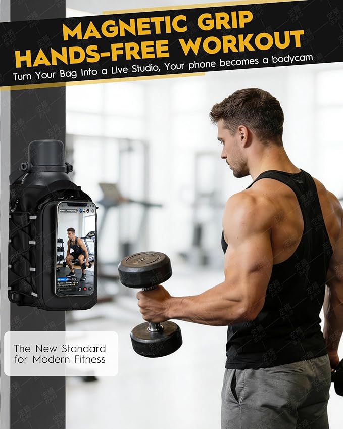 MKZ Magnetic Gym Bag for Men & Women – Strong Magnetic Phone Holder for Gym Equipment, Water Bottle Bag Crossbody with Phone Mount & Water Bottle Holder, Ideal for Workout, Running, Hiking, Travel