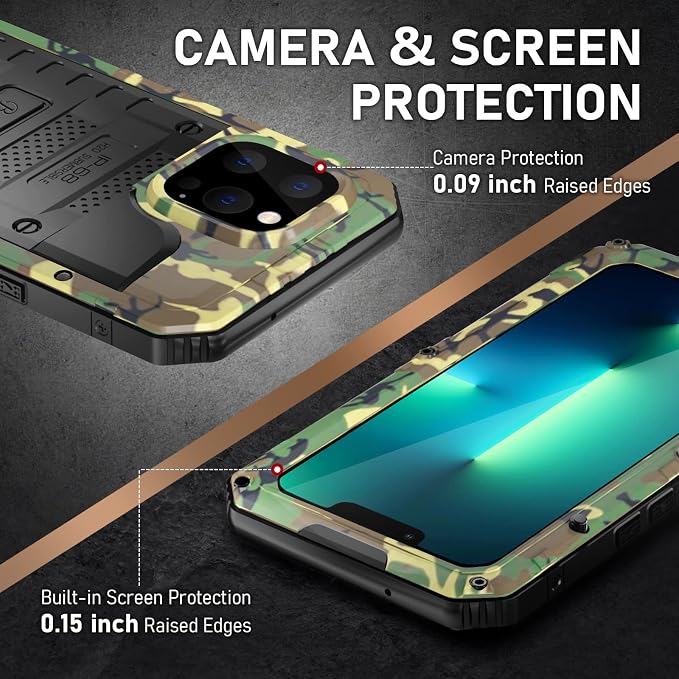 Beasyjoy Waterproof Case for iPhone 13 Pro, Full Body Protective Cover with Built-in Screen Protector, Heavy Duty Metal Rugged Shockproof Dustproof Defender Phone Case 6.1 Inch, Camo