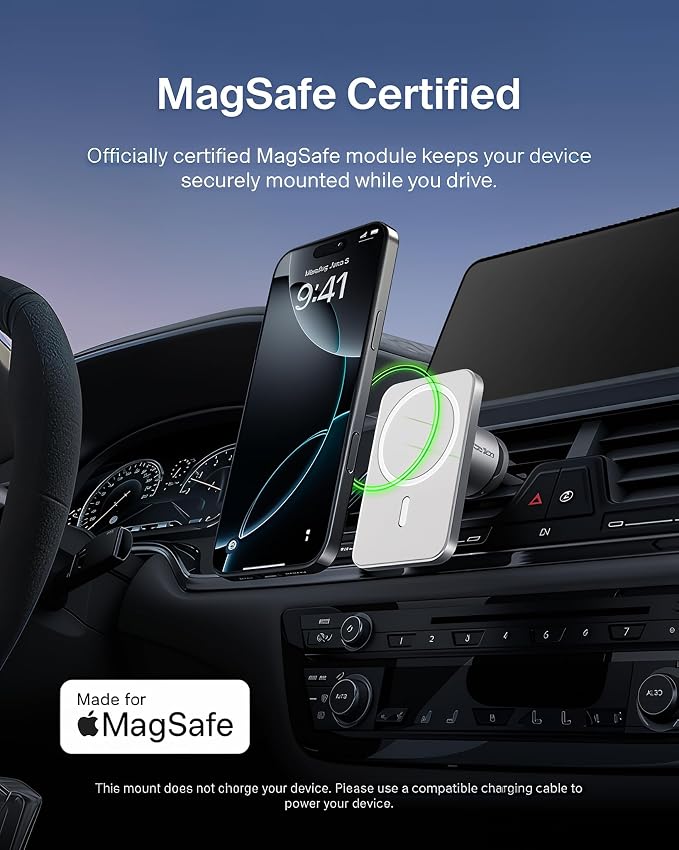 Belkin MagSafe Car Vent Mount Pro, Magnetic Phone Holder for iPhone 16/15/14/13/12, Secure Grip, Portrait & Landscape View, Cable Management, Air Vent Clip, Magsafe Compatible, Silver, Includes Cloth