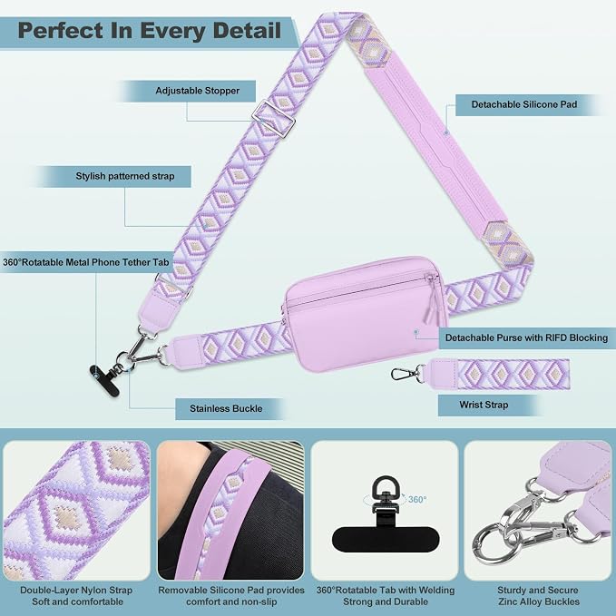YFWE Clip and Go Strap for Phone with Wallet Crossbody, Adjustable Phone Lanyard with Detachable RFID Wristlet Wallet, Pattern Strap - Light Purple(L)