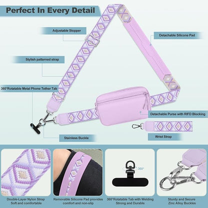 YFWE Clip and Go Strap for Phone with Wallet Crossbody, Adjustable Phone Lanyard with Detachable RFID Wristlet Wallet, Pattern Strap - Light Purple(L)