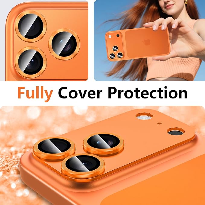 for iPhone 17 Pro Camera Lens Protector, [Military Grade Shatterproof] [Strong Adsorption] [Case Friendly] Full Coverage Metal Aluminum Alloy 9H Tempered Glass Camera Screen Cover, Orange