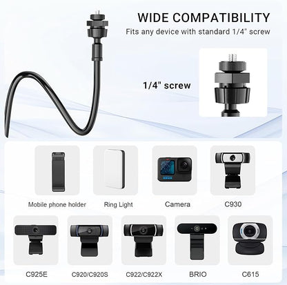 Flexible Webcam Stand Mount for Desk, Gooseneck Webcam Tripod with Clamp, Desktop Phone Holder & Table Top Tripod Compatible with Action Camera Gopro C922 C930e C920S C920 C615 C960 C920x Brio