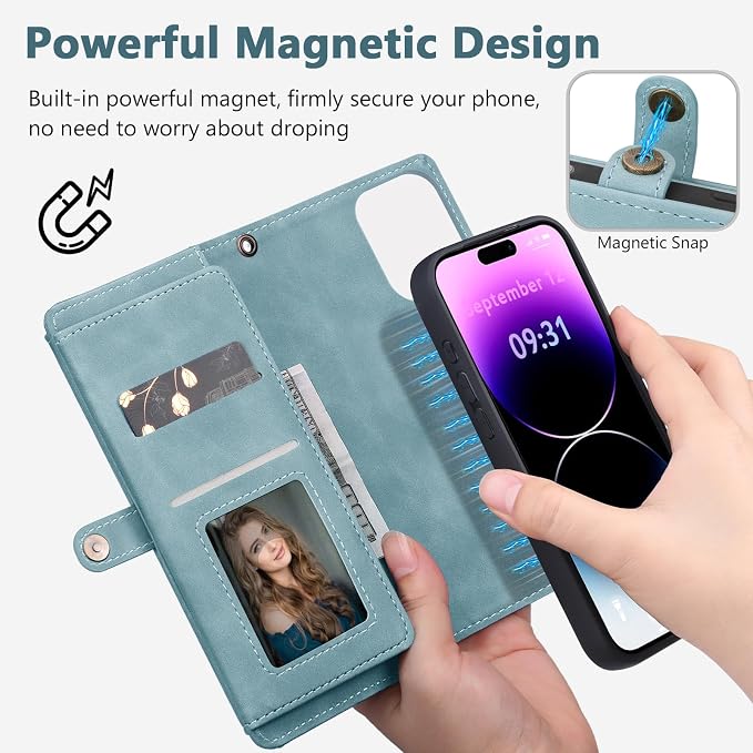 Wallet Case for iPhone 14 Pro with Card Holder/Crossbody Wallet/Strap| RFID Blocking | Magnetic | Kickstand | Detachable | PU Leather Phone Case for iPhone 14 Pro,6.1 in,Blue