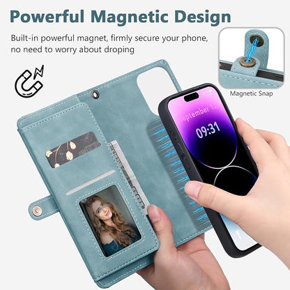 Wallet Case for iPhone 14 Pro with Card Holder/Crossbody Wallet/Strap| RFID Blocking | Magnetic | Kickstand | Detachable | PU Leather Phone Case for iPhone 14 Pro,6.1 in,Blue