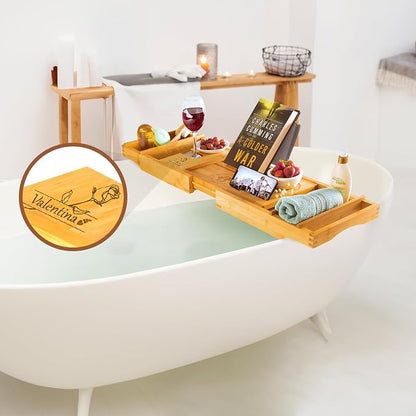Personalized Bathtub Tray - Engraved Foldable Bamboo Bath Caddy, Tub Tray with Expandable Sides, Luxury Wooden Bath Table for Relaxation Spa - Customized Gift for Mom, Wife, New Home