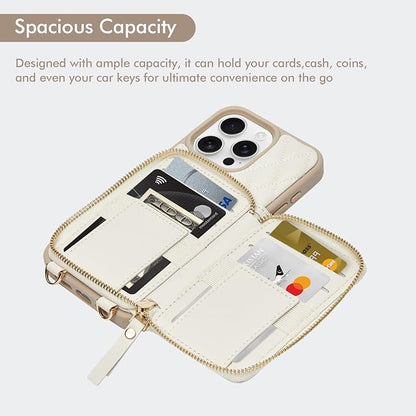 ZVE Wallet Case for iPhone 16 Pro Max with Card Holder, Ring Stand Crossbody Zipper Wallet Lanyard Case for iPhone 16 Pro Max 6.9 Inch-Beige