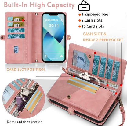 for Wallet Case Compatible with iPhone 15,Multi-Function Detachable 2 in 1 Magnetic iPhone 15 Case Wallet,Flip Strap Zipper Card Holder Phone Case with Shoulder Straps (Pink)
