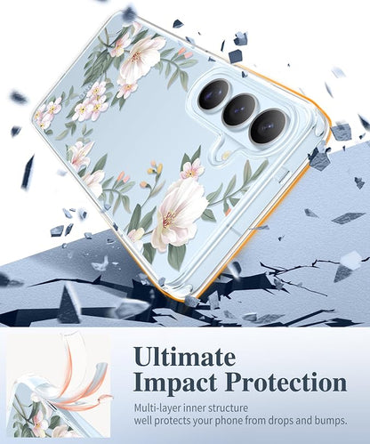 GVIEWIN for Samsung Galaxy S26 Case, Clear Floral Slim Shockproof Protective Women Phone Case, Non-Yellowing, with Screen Protector & Camera Lens Protector for Galaxy S26 6.3", Magnolia/White