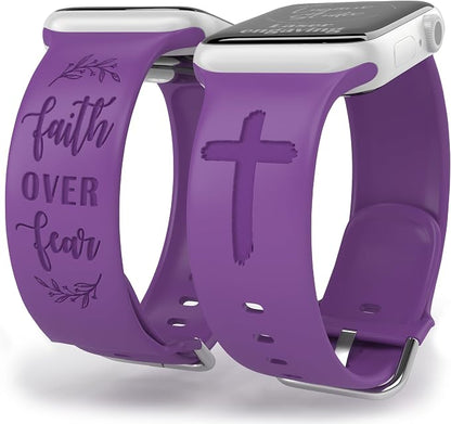 Faith Over Fear Watch Band compatible with Apple Watch Laser Engraved iWatch Band Silicone 38mm 40mm 41mm 42mm 44mm 45mm 49mm Strap Jesus Psalm Christian God (44/45/49mm S/M, Purple)