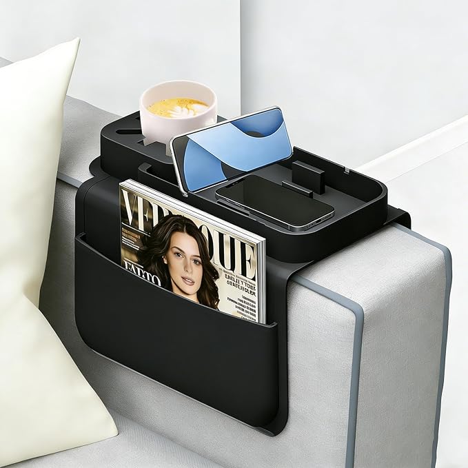 Silicone Couch Cup Holder for Tablet & Phone Stand, Sofa Arm Tray Organizer with Dual Side Pockets for Remotes Snacks Headphones & Glasses Drinks Anti-Slip & Heat Resistant Sofa Caddy (Black)