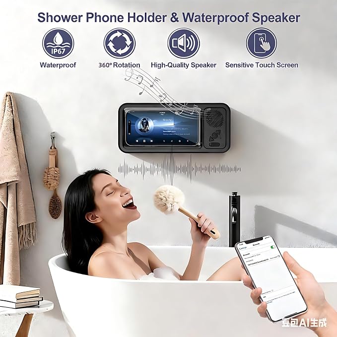 Waterproof Phone Holder with Speaker, Shower Phone Holder Waterproof, Shower Phones Holder with Wireless Bluetooth Speaker with 360° Rotation Ipx4 Aqua with Shower Play(White)